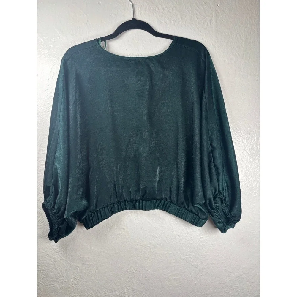Woman's Emerald Green Ruched Waist V‎ Neck Wrap Style Top XL Balloon Sleeve